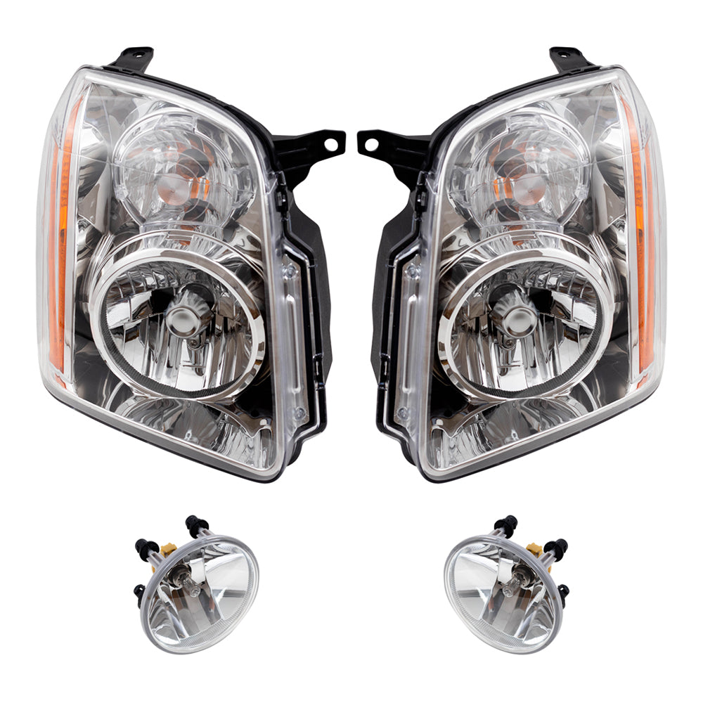 Brock Aftermarket Replacement Part Driver and Passenger Side Halogen Combination Headlight Assemblies & Fog Light Assemblies without Bezel Set Compatible with 2007-2014 GMC Yukon