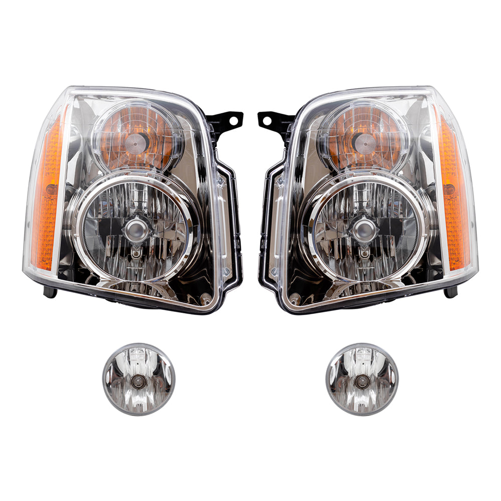Brock Aftermarket Replacement Part Driver and Passenger Side Halogen Combination Headlight Assemblies & Fog Light Assemblies without Bezel Set Compatible with 2007-2014 GMC Yukon