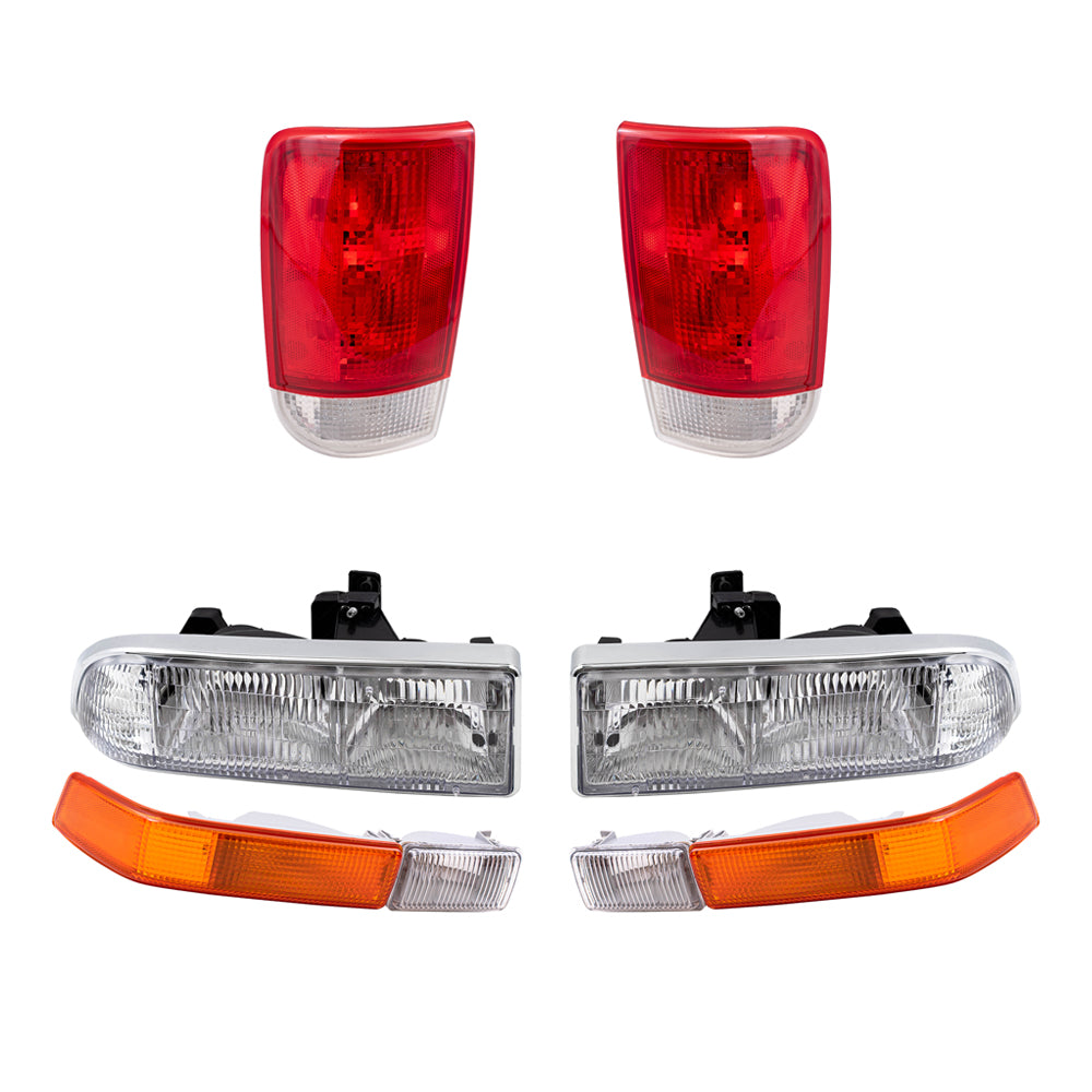 Brock Replacement Driver and Passenger Side Headlights, Park Signal Fog Lights and Tail Lights 6 Piece Set Compatible with 1998-2005 Blazer