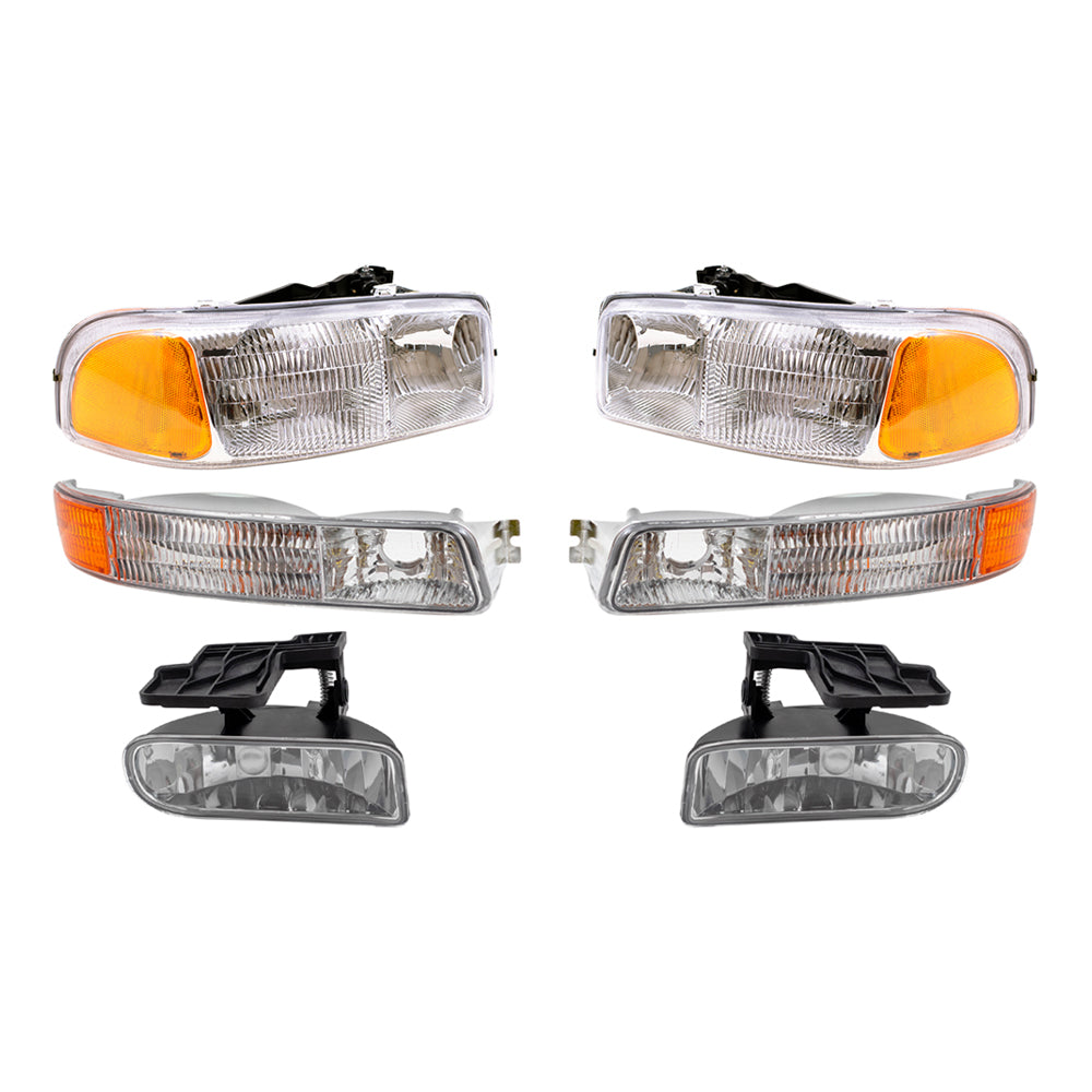 Brock Replacement Driver and Passenger Side Halogen Combination Headlight Assemblies, Fog Light Assemblies & Signal Marker Light Units 6 Piece Set Compatible with 99-02 Sierra & 00-06 Yukon & Yukon XL