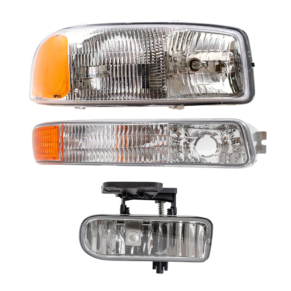 Brock Replacement Driver and Passenger Side Halogen Combination Headlight Assemblies, Fog Light Assemblies & Signal Marker Light Units 6 Piece Set Compatible with 99-02 Sierra & 00-06 Yukon & Yukon XL