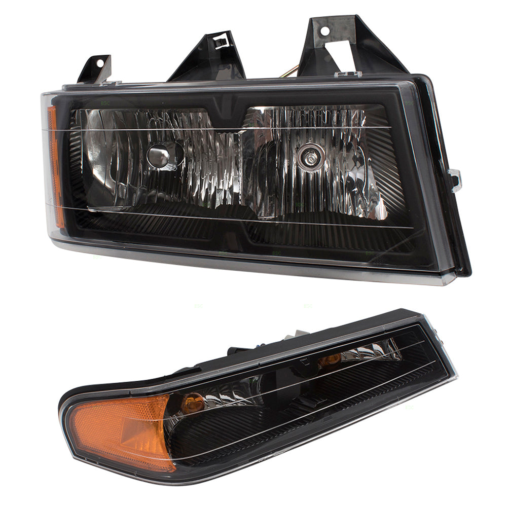 Brock Replacement 4 Pc Set Headlights and Park Signal Lights with Black Bezels Compatible with 2004-2012 Colorado Canyon Pickup Truck