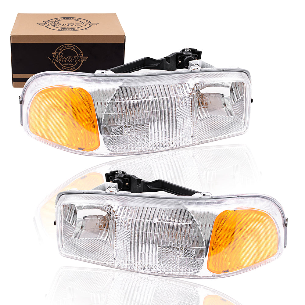 Brock Replacement Halogen Combination Headlight Set Compatible with 99-06 Sierra 07 Sierra Classic 00-06 Yukon 00-06 Yukon XL 15850351 15850352