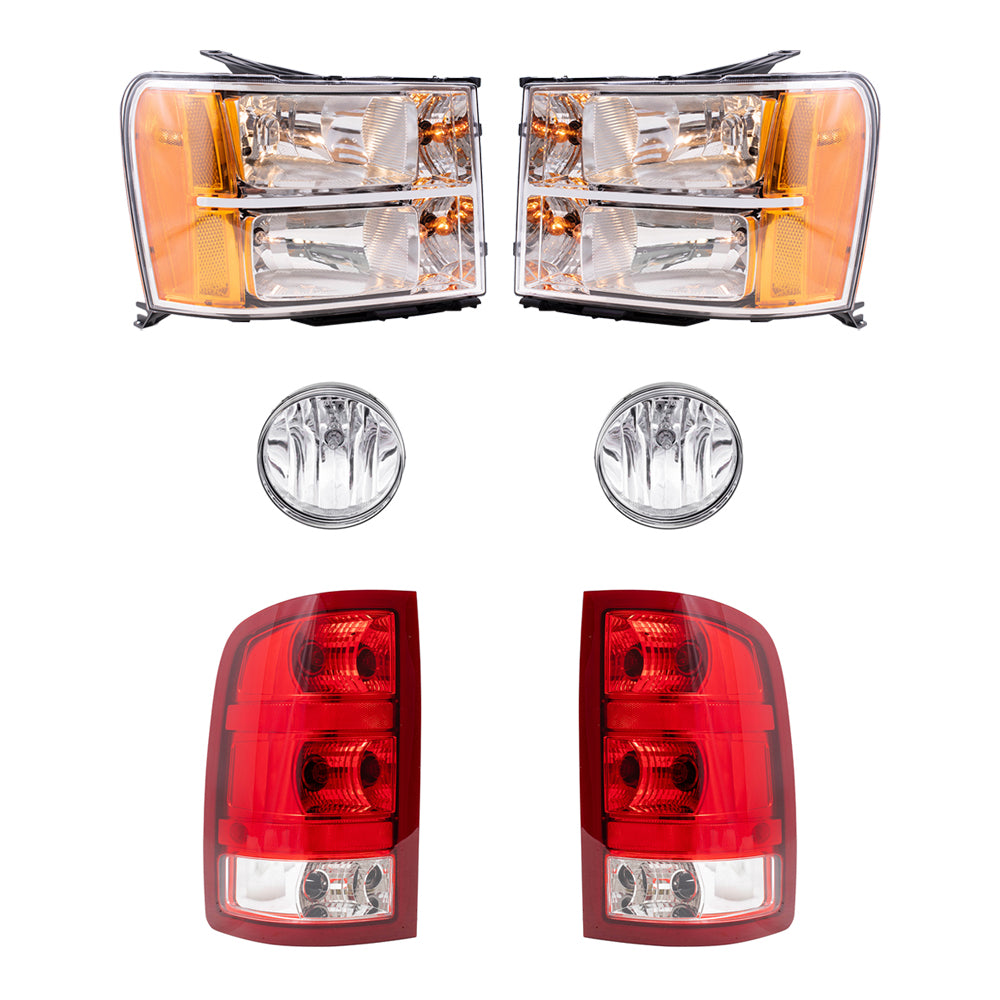 Brock Replacement Driver and Passenger Side Headlights, Fog Lights and Tail Lights 6 Piece Set Compatible with 2007-2010 Sierra 1500/2500 & 2007-2014 Sierra 3500