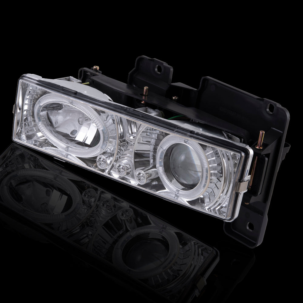 Headlight for 1988-1999 C1500 Projector Low Beam Dual Halo LED DRL w/ Chrome for 1992-1999 C1500 Suburban for 1988-2000 C2500 for 1992-1999 C2500 Suburban for 1988-2000 C3500 for 1988-1999 K1500 Set