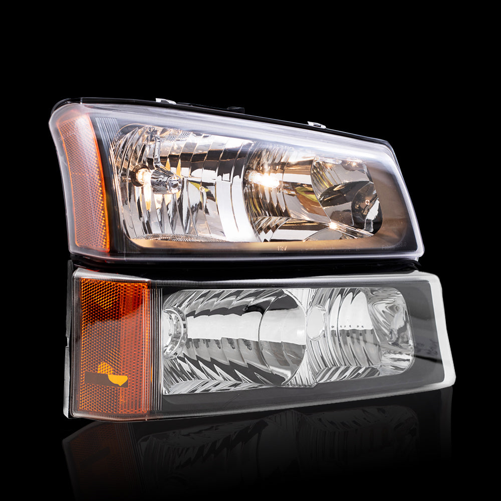 Brock Replacement Performance Set Headlights & Park Signal Lights with Black Bezel Compatible with 2003-2006 Avalanche Silverado Pickup Truck