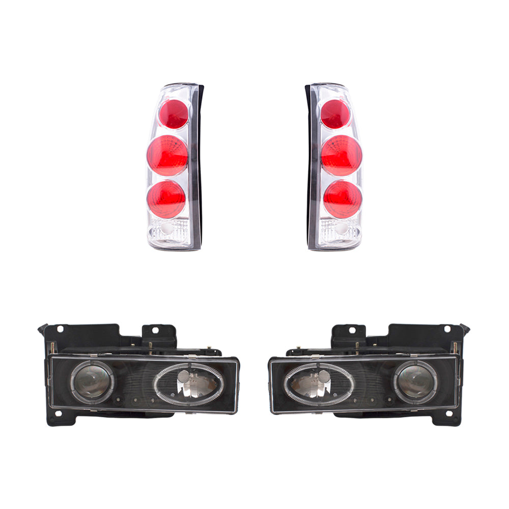 Brock Replacement Composite Headlight Assemblies with Projector Low Beam, Bulbs, Dual Halo, LED DRL & C/K Tail Light Units 4 Piece Performance Set Compatible with 1988-2000 Various Model Trucks