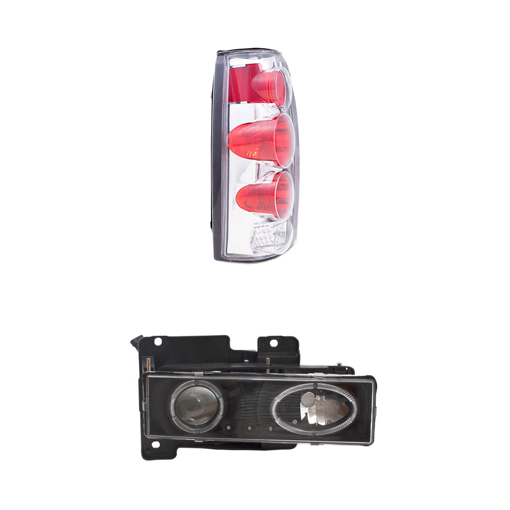 Brock Replacement Composite Headlight Assemblies with Projector Low Beam, Bulbs, Dual Halo, LED DRL & C/K Tail Light Units 4 Piece Performance Set Compatible with 1988-2000 Various Model Trucks