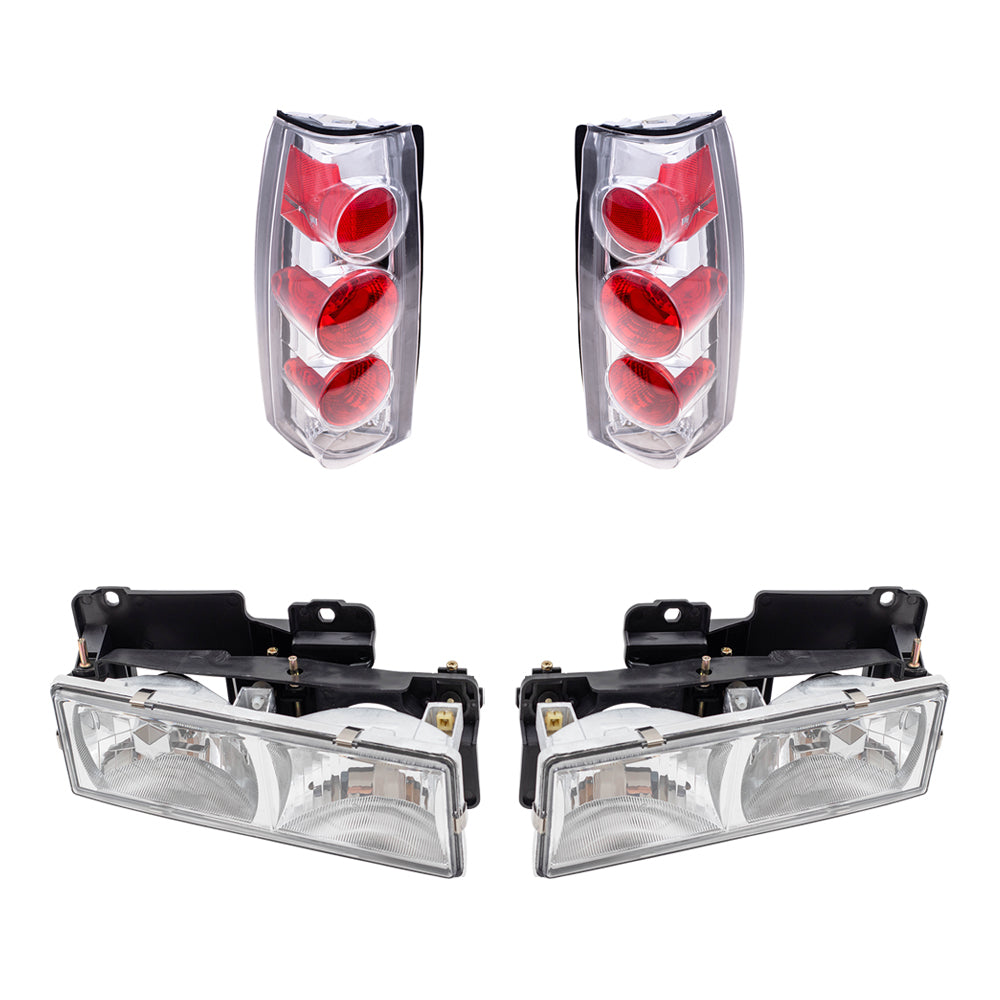 Brock Replacement C/K Composite Crystal Clear Headlight Assemblies and Tail Light Units with Chrome Bezel 4 Piece Performance Set Compatible with 1988-2000 Various Model Trucks