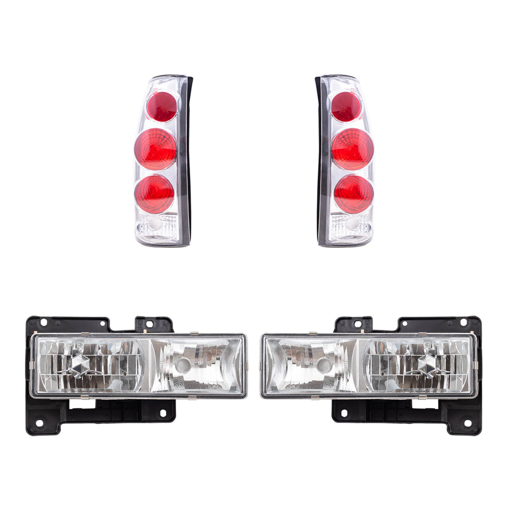 Brock Replacement C/K Composite Crystal Clear Headlight Assemblies and Tail Light Units with Chrome Bezel 4 Piece Performance Set Compatible with 1988-2000 Various Model Trucks