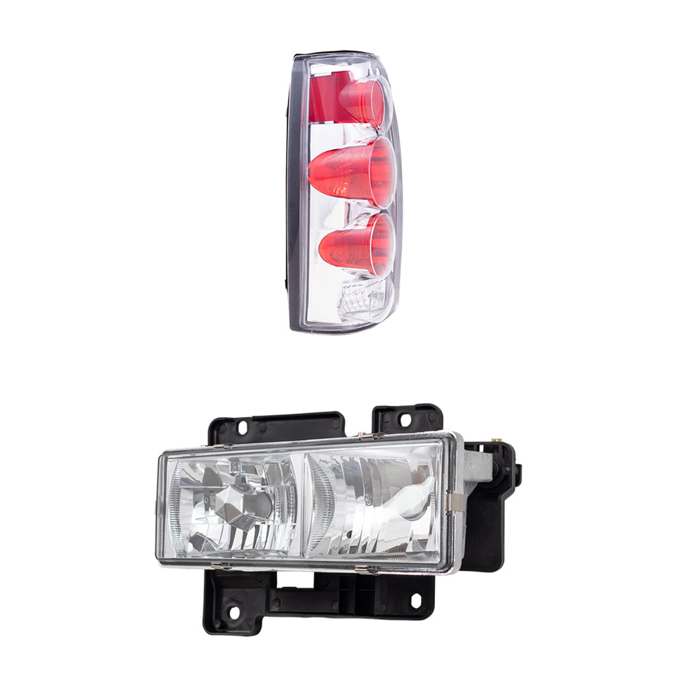 Brock Replacement C/K Composite Crystal Clear Headlight Assemblies and Tail Light Units with Chrome Bezel 4 Piece Performance Set Compatible with 1988-2000 Various Model Trucks