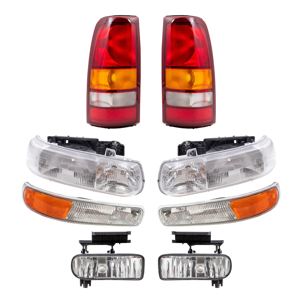 Brock Replacement Halogen Headlight and Fog Light Assemblies and Fleetside Tail Light and Park/Signal/Side Marker Light Units 8 Piece Set Compatible with 99-02 Silverado 1500/2500