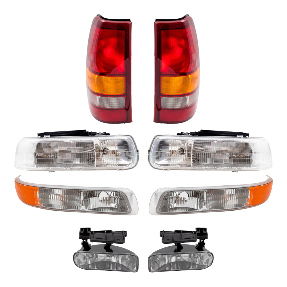 Brock Replacement Halogen Headlight and Fog Light Assemblies and Fleetside Tail Light and Park/Signal/Side Marker Light Units 8 Piece Set Compatible with 99-02 Silverado 1500/2500