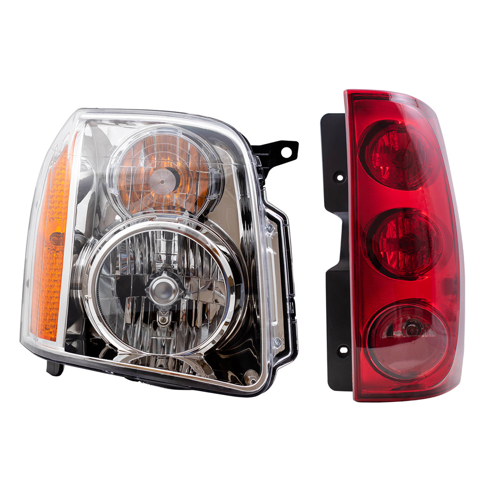 Brock Replacement Driver and Passenger Halogen Combination Headlight Assemblies and Tail Light Assemblies without Black Housing 4 Piece Set Compatible with 2007-2014 GMC Yukon