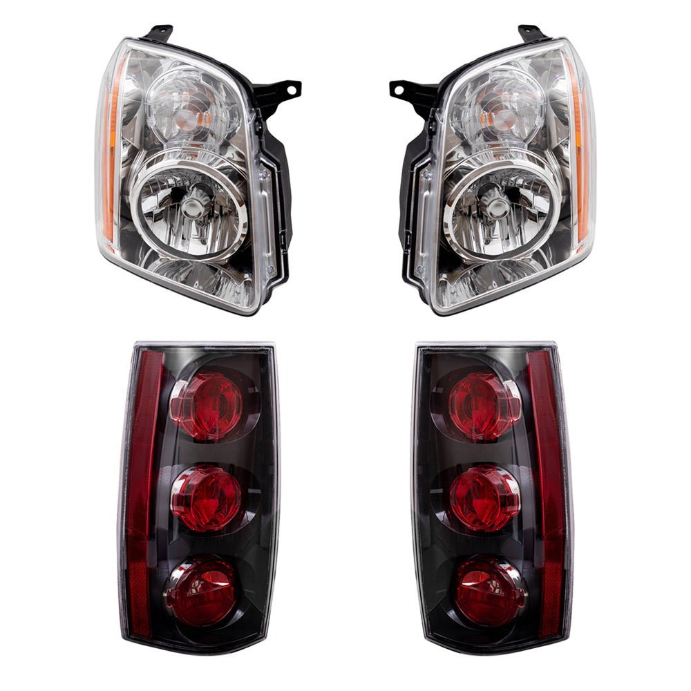 Brock Replacement Driver and Passenger Halogen Combination Headlight Assemblies and Tail Light Assemblies with Black Housing 4 Piece Set Compatible with 2007-2014 GMC Yukon