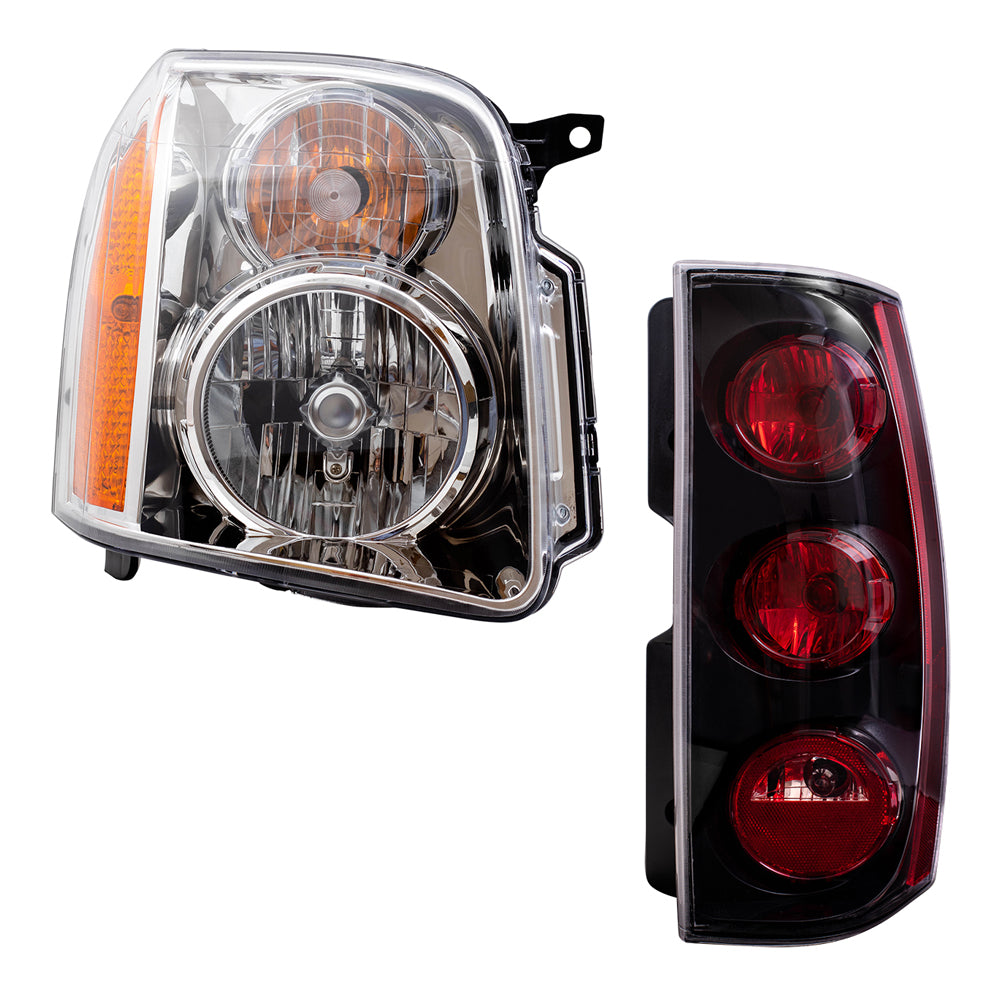 Brock Replacement Driver and Passenger Halogen Combination Headlight Assemblies and Tail Light Assemblies with Black Housing 4 Piece Set Compatible with 2007-2014 GMC Yukon