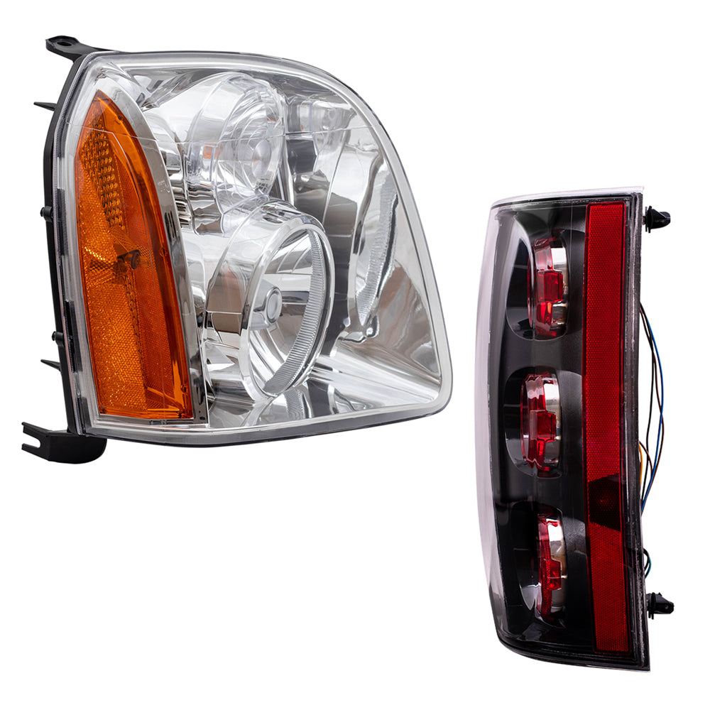 Brock Replacement Driver and Passenger Halogen Combination Headlight Assemblies and Tail Light Assemblies with Black Housing 4 Piece Set Compatible with 2007-2014 GMC Yukon