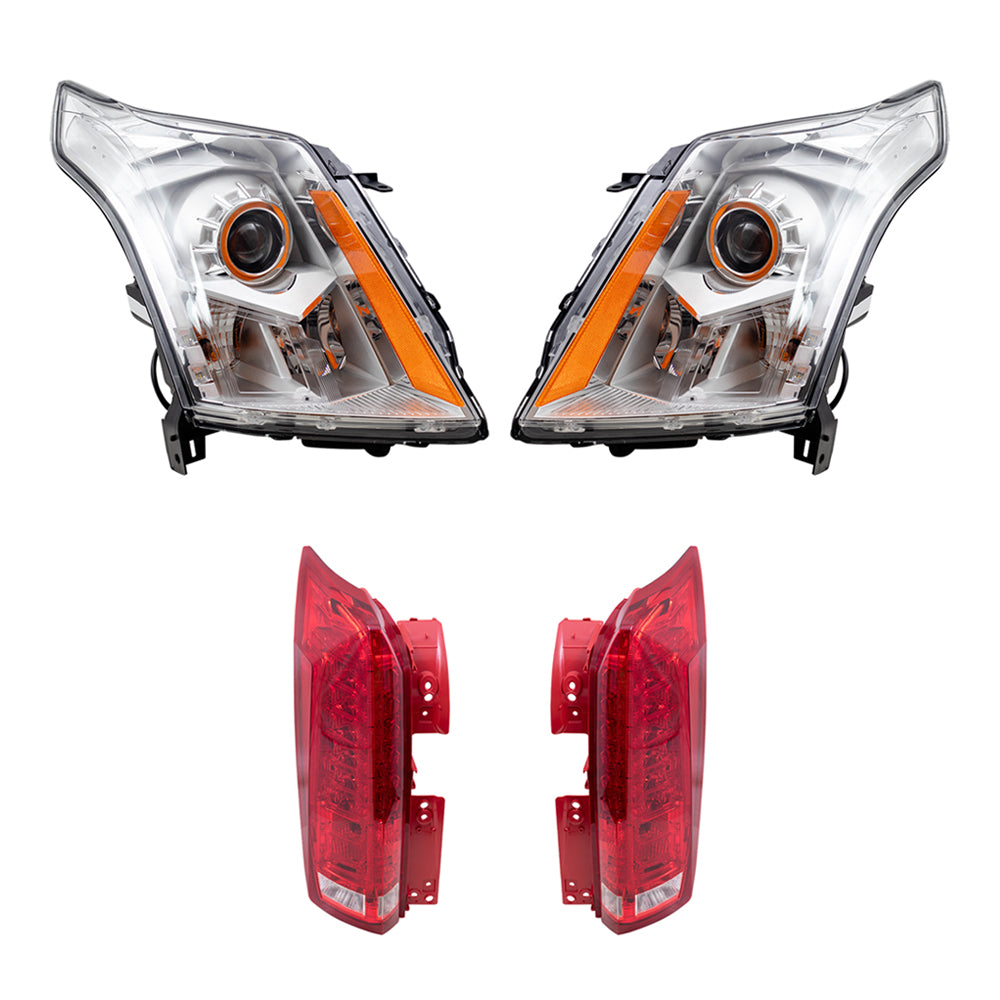 Brock Replacement Driver and Passenger Side Halogen Combination Headlight and Tail Light Assemblies 4 Piece Set Compatible with 2010-2013 SRX