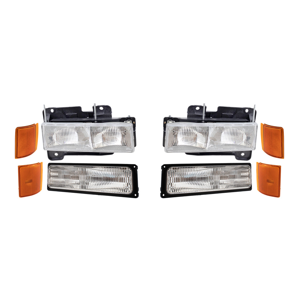 Brock Replacement 8 Pc Set Composite Headlights Front Park Signal Lights with Upper and Lower Side Markers Compatible with 1994-2002 C/K Pickup Truck