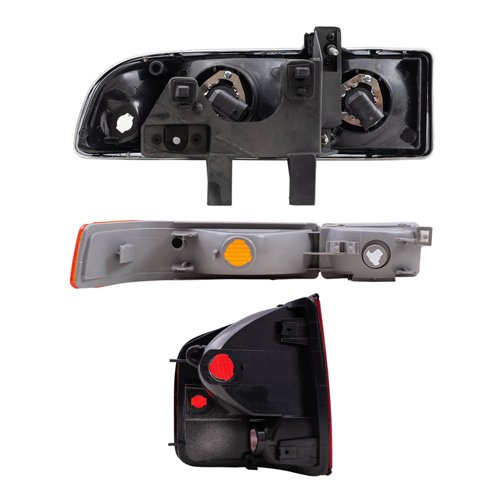 Brock Replacement Driver and Passenger Side Headlights, Park Signal Fog Lights and Tail Lights with Black Edge 6 Piece Set Compatible with 1998-2004 S10
