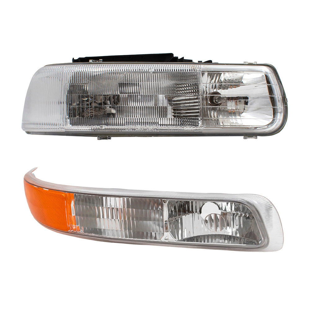 Brock Replacement Passenger Headlight with Side Signal Light Compatible with 1999-2002 Silverado Pickup Truck 16526134 15199559