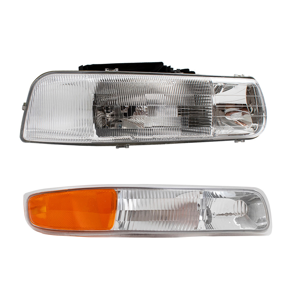 Brock Replacement Passenger Headlight with Side Signal Light Compatible with 1999-2002 Silverado Pickup Truck 16526134 15199559