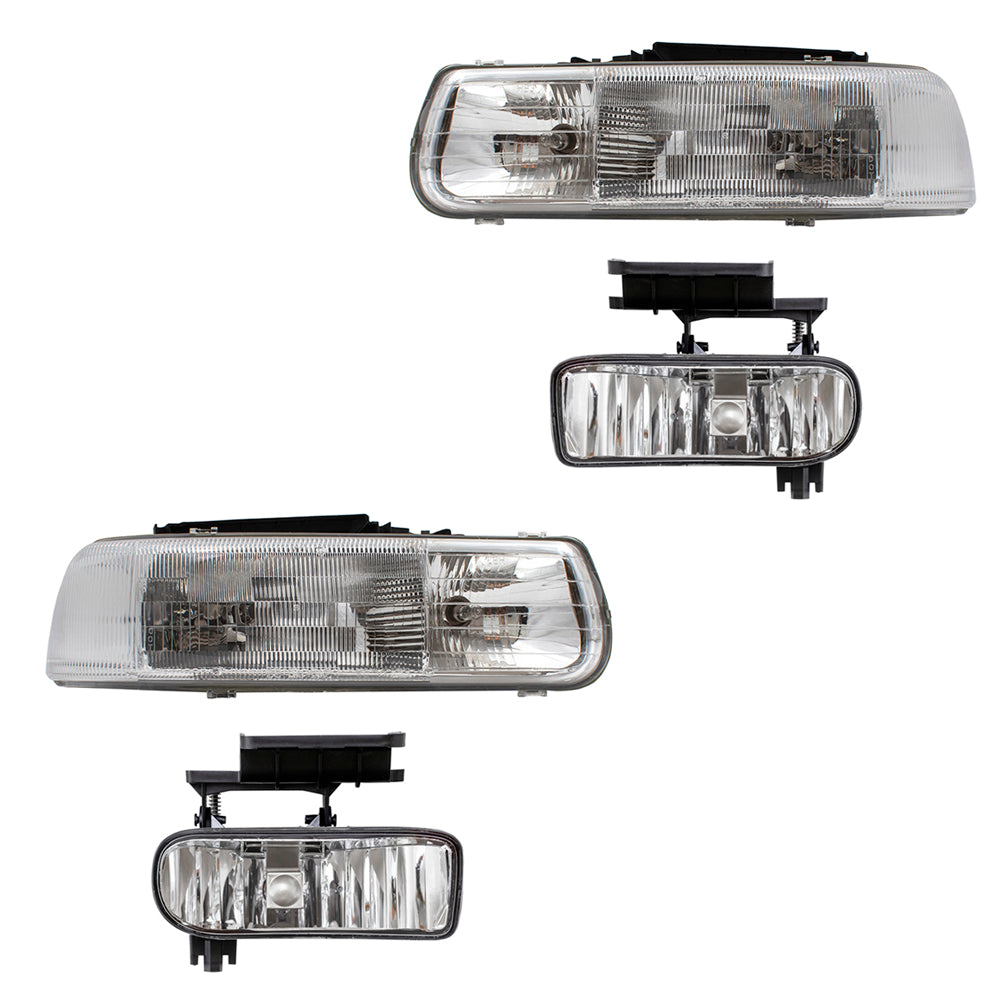 Brock Replacement Driver and Passenger 4 Pc Set Headlights with Fog Lights Compatible with 1999-2002 Silverado Pickup 10368476 10368477