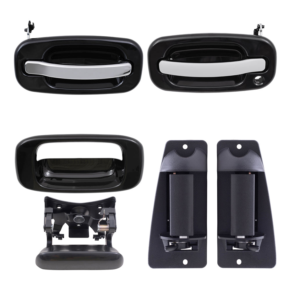 Brock Replacement Front and Rear Outside Door Handles, Tailgate Handle and Tailgate Handle Bezel 6 Piece Set Compatible with 1999-2007 Silverado & 1999-2007 Sierra Extended Cab ONLY