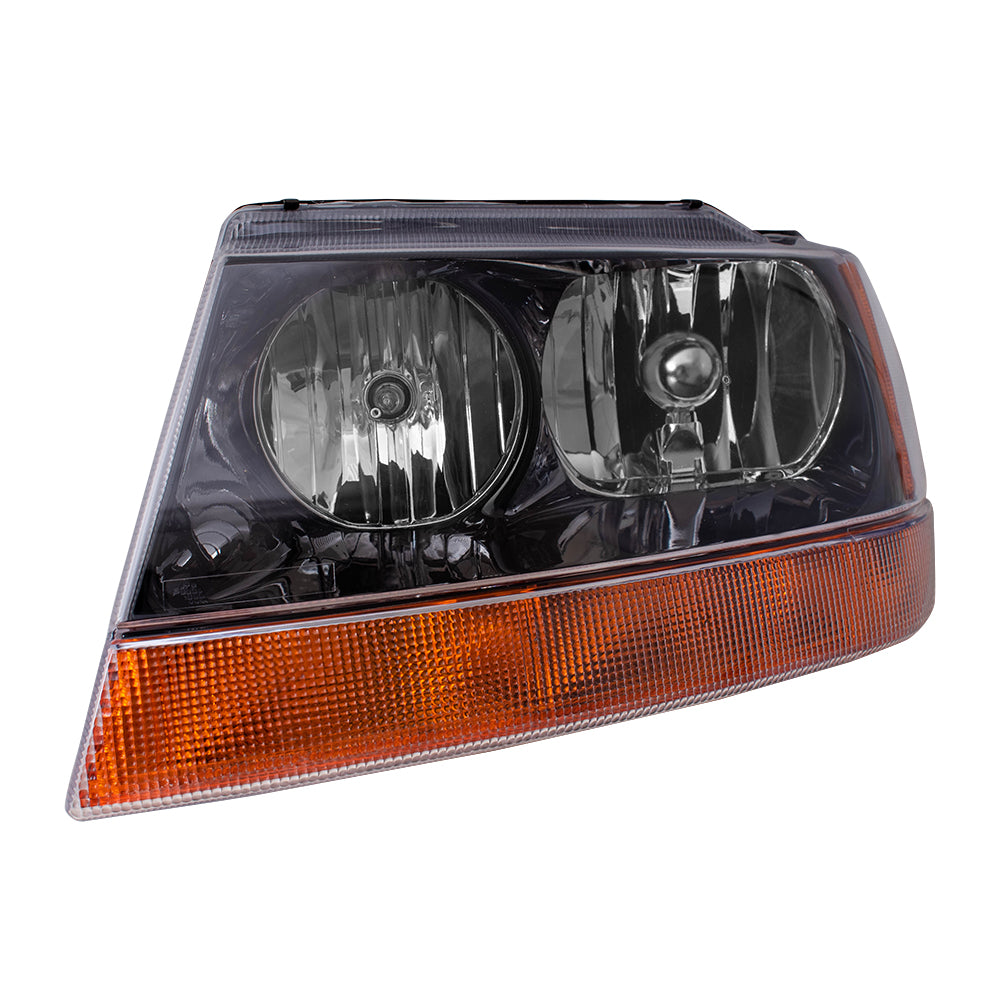 Brock Replacement Driver Headlight with Smoked Bezel and Amber Park Lamp Compatible with 1999-2004 Grand Cherokee 55155129AJ