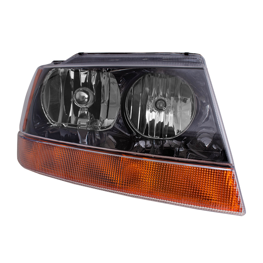Brock Replacement Passenger Headlight with Smoked Bezel and Amber Park Lamp Compatible with 1999-2004 Grand Cherokee 5103400AA