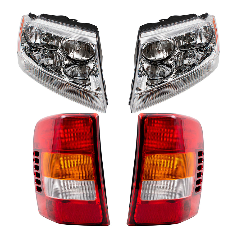 Brock Replacement Headlights with Chrome Bezel and Tail Lights Set Compatible with 2002-2004 Grand Cherokee