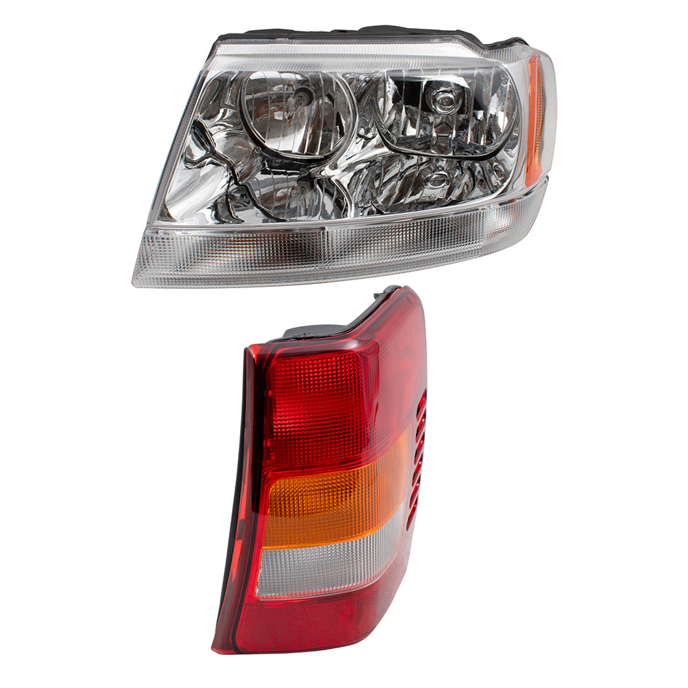 Brock Replacement Headlights with Chrome Bezel and Tail Lights Set Compatible with 2002-2004 Grand Cherokee