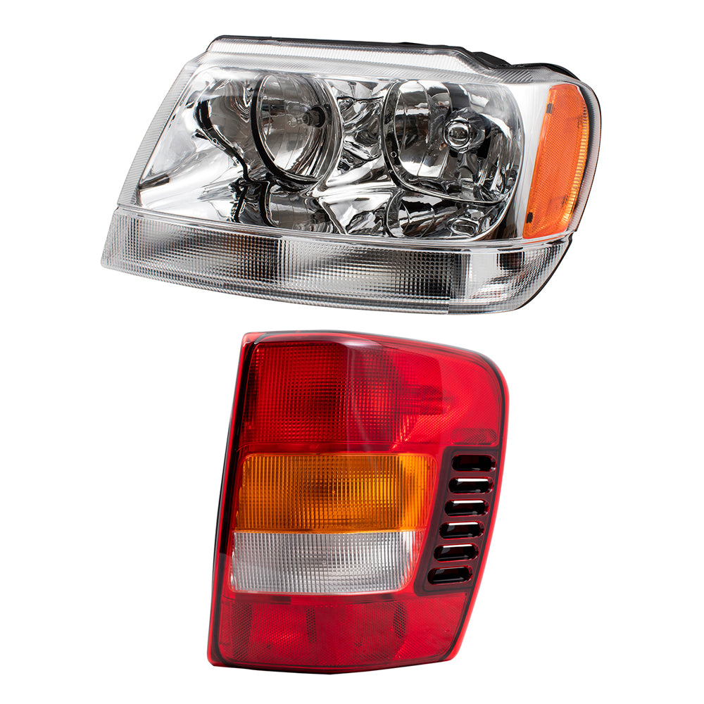 Brock Replacement Headlights with Chrome Bezel and Tail Lights Set Compatible with 2002-2004 Grand Cherokee