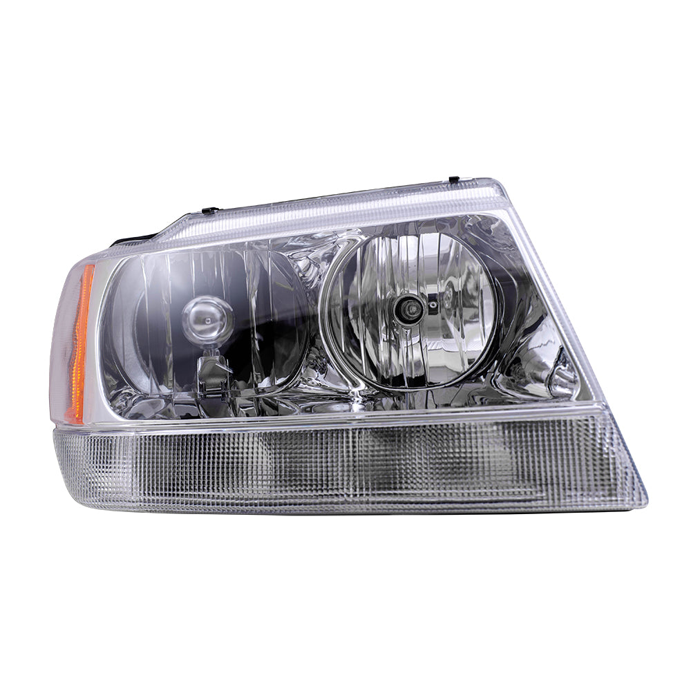 Brock Replacement Passenger Halogen Headlight Chrome Bezel Clear Park Lamp Compatible with 1999-2004 Grand Cherokee 55155552AI