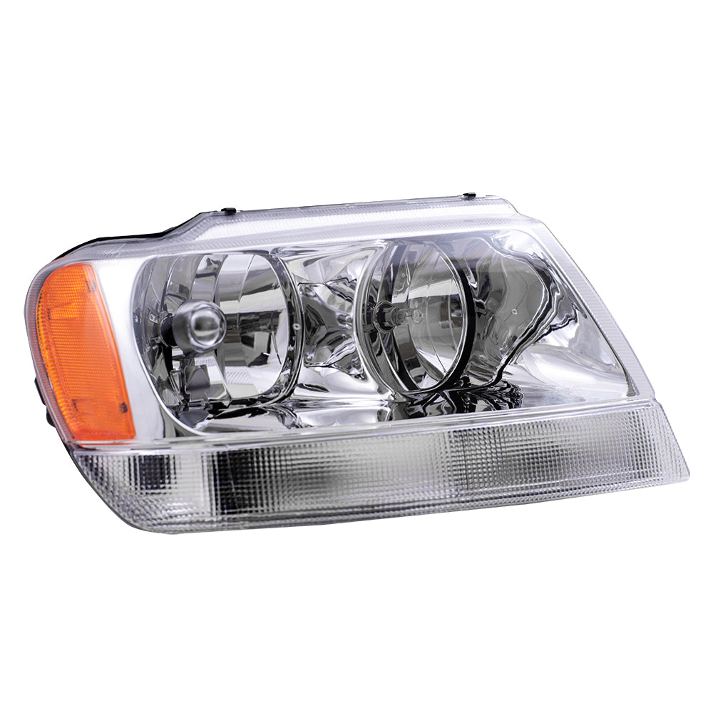 Brock Replacement Passenger Halogen Headlight Chrome Bezel Clear Park Lamp Compatible with 1999-2004 Grand Cherokee 55155552AI