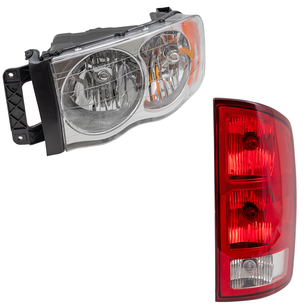 Headlights, Tail Lights with Circuit Boards Compatible with 2002-2005 Ram 1500 Pickup Truck 4 Pc Set Halogen