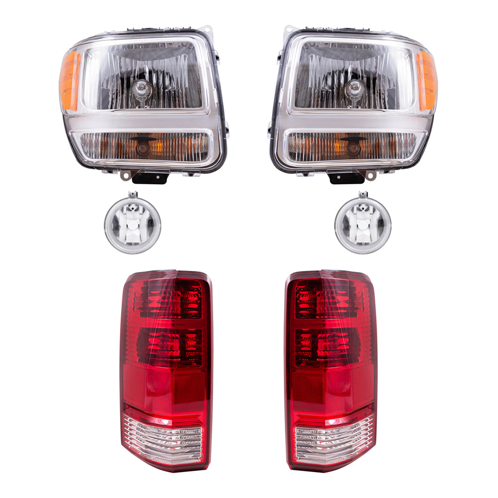 Brock Replacement Driver and Passenger Side Halogen Combination Headlight Assemblies, Fog Light Units, and Tail Light Assemblies 6 Piece Set Compatible with 2011 Nitro