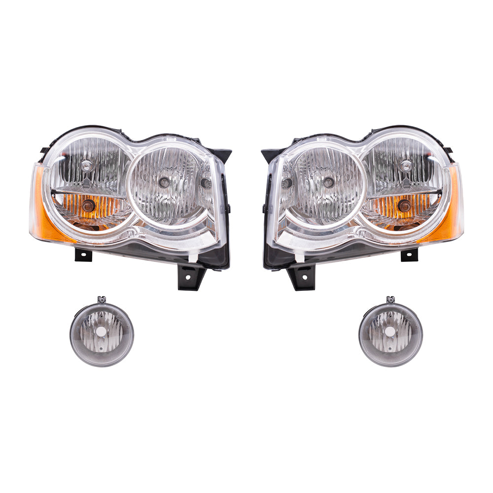 Brock Replacement Driver and Passenger Side Halogen Combination Headlight Assemblies and Fog Light Assemblies 4 Piece Set Compatible with 2008-2010 Grand Cherokee