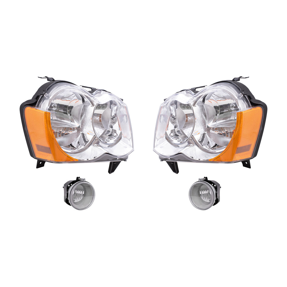 Brock Replacement Driver and Passenger Side Halogen Combination Headlight Assemblies and Fog Light Assemblies 4 Piece Set Compatible with 2008-2010 Grand Cherokee