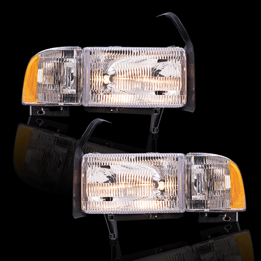 Brock Aftermarket Replacement Driver Left Passenger Right Halogen Combination Headlight and Corner Light Assembly Set Compatible with 1994-2002 Dodge Ram without Sport Package