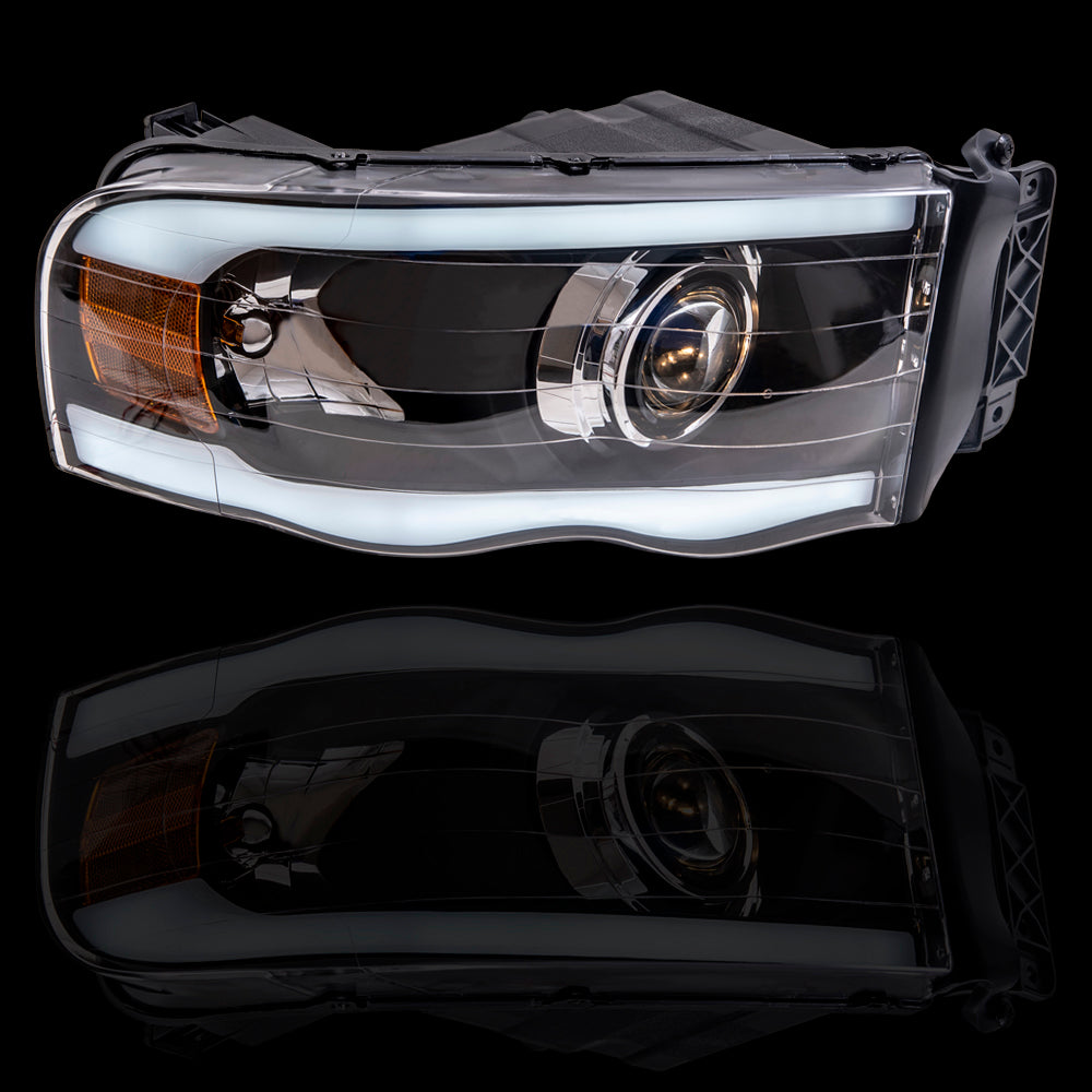 Brock Aftermarket Replacement Drive Left Passenger Right Halogen Combination Headlight Assembly Projector Type With Black Bezel LED DRL Performance Set Compatible With 2002-2005 Dodge Ram