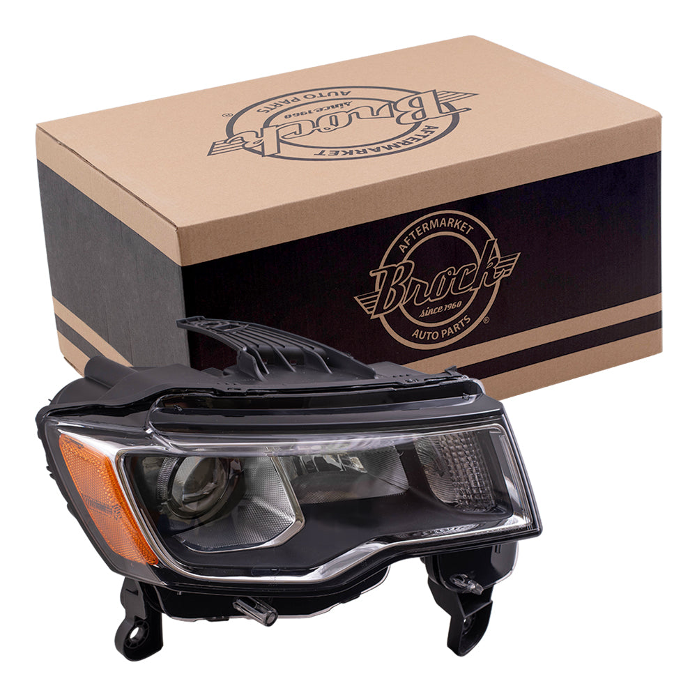 Brock Replacement Passenger Side Halogen Combination Headlight Assembly with Chrome Bezel Compatible with 2017-2020 Grand Cherokee