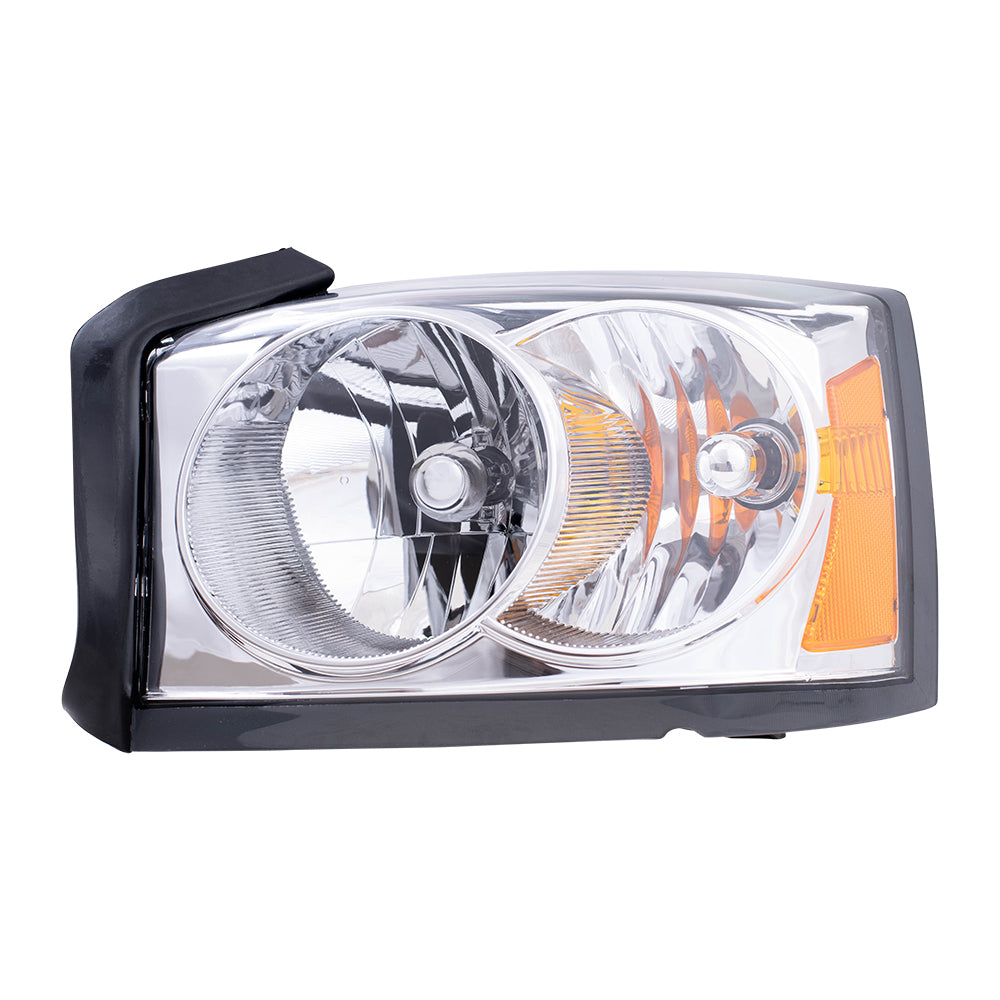 Brock Replacement Driver Headlight with Chrome Bezel Compatible with 2005 Dakota Pickup Truck with Outer Bulb Diffuser 55077607AB