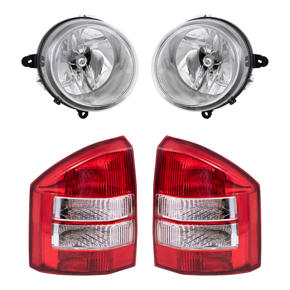 Brock Replacement Driver and Passenger Side Halogen Headlight Assemblies without Leveling and Tail Lights 4 Piece Set Compatible with 2007-2010 Compass