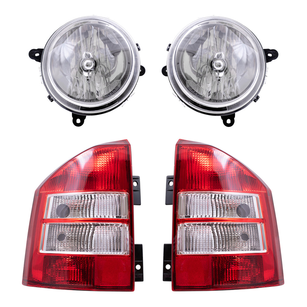 Brock Replacement Driver and Passenger Side Halogen Headlight Assemblies without Leveling and Tail Lights 4 Piece Set Compatible with 2007-2010 Compass