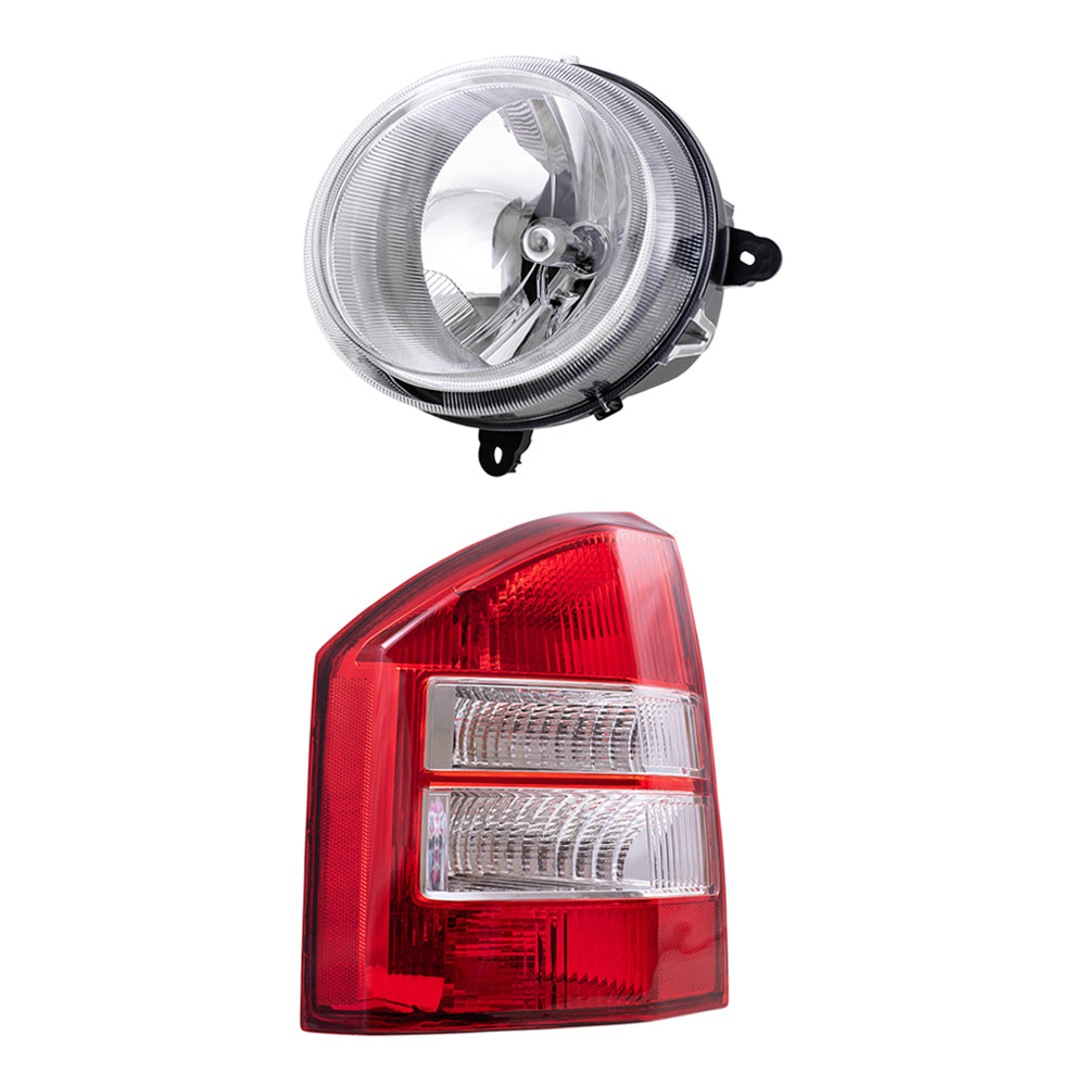 Brock Replacement Driver and Passenger Side Halogen Headlight Assemblies without Leveling and Tail Lights 4 Piece Set Compatible with 2007-2010 Compass