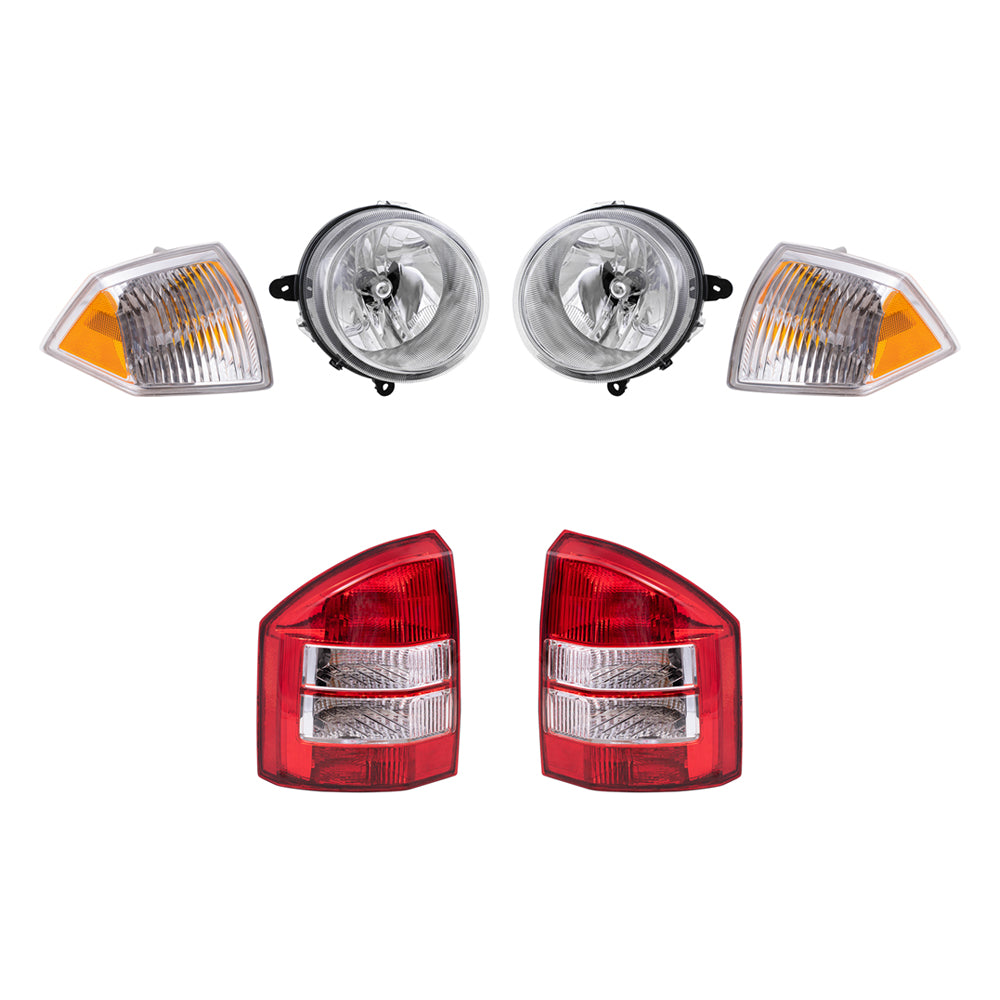 Brock Replacement Halogen Headlight Assemblies without Leveling, Park Signal Marker Lights and Tail Lights 6 Piece Set Compatible with 2007-2010 Compass