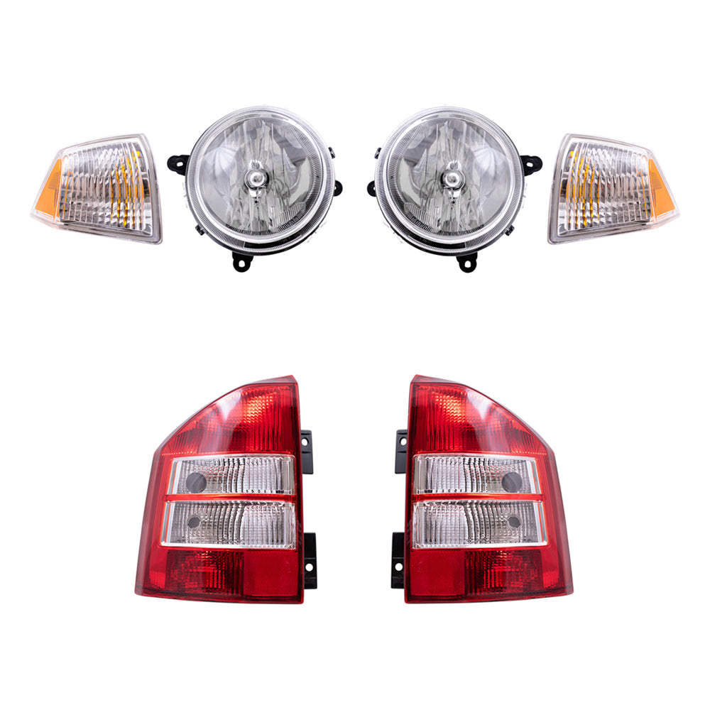 Brock Replacement Halogen Headlight Assemblies without Leveling, Park Signal Marker Lights and Tail Lights 6 Piece Set Compatible with 2007-2010 Compass