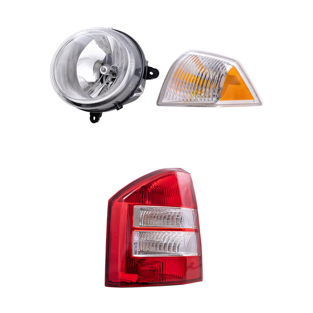 Brock Replacement Halogen Headlight Assemblies without Leveling, Park Signal Marker Lights and Tail Lights 6 Piece Set Compatible with 2007-2010 Compass