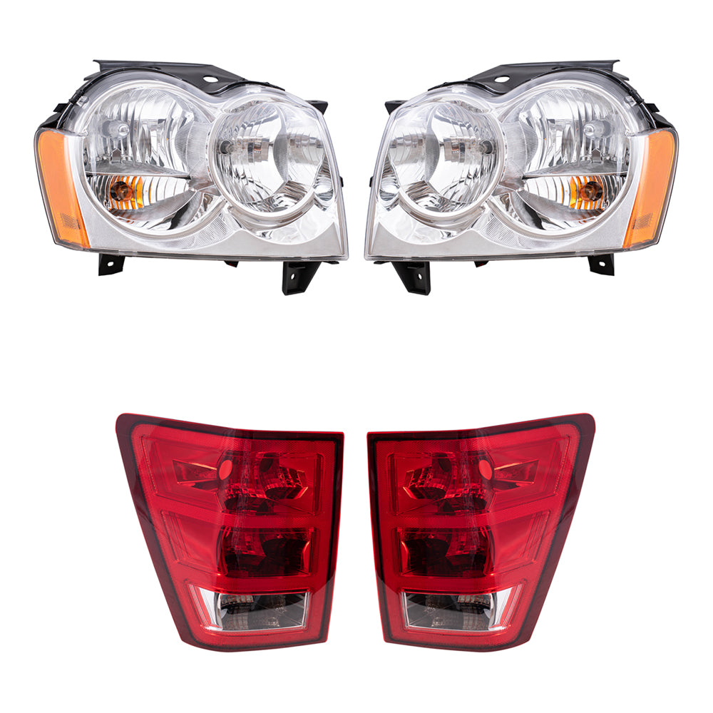 Brock Replacement Driver and Passenger Side Halogen Combination Headlight Assemblies & Tail Light Units 4 Piece Set Compatible with 2005-2006 Grand Cherokee